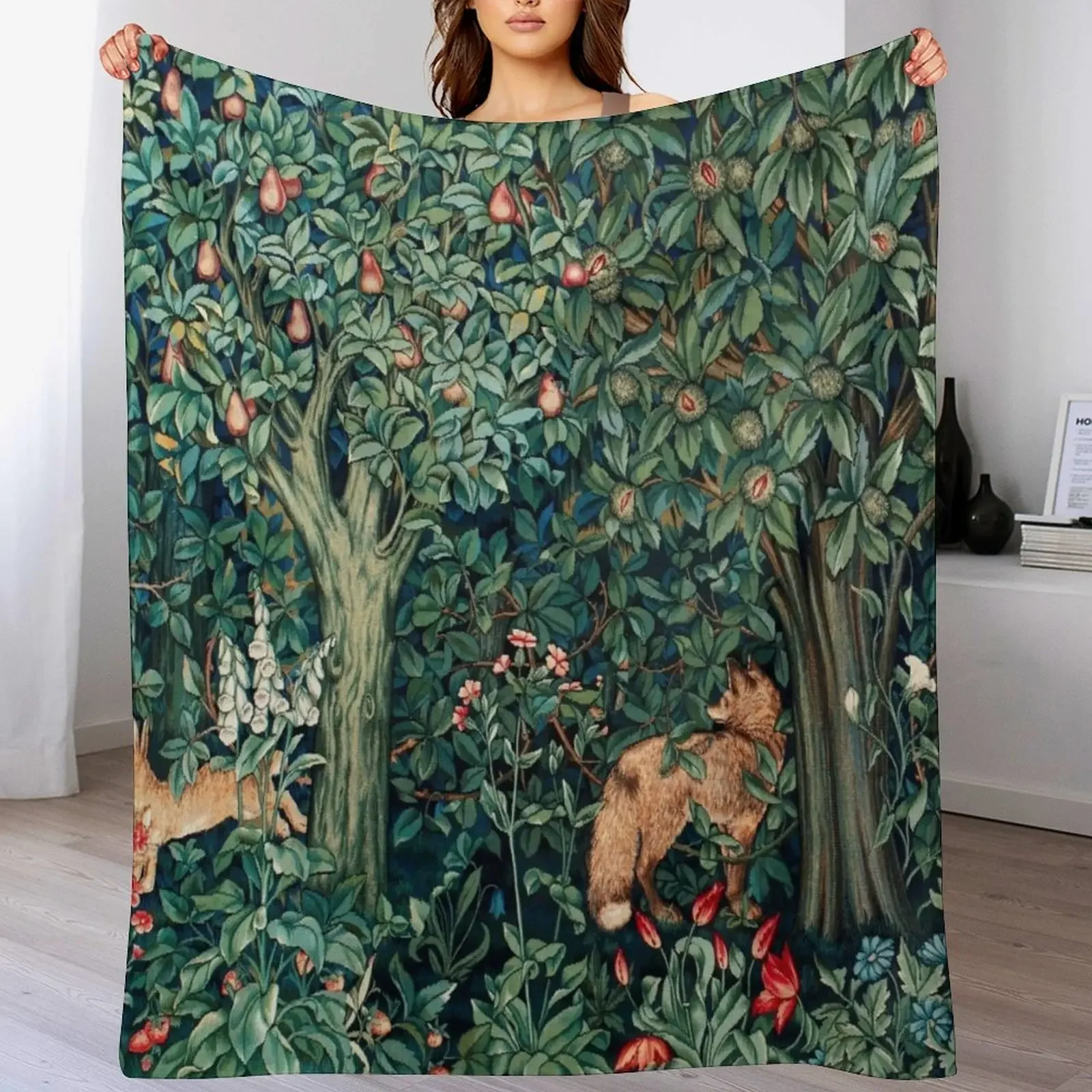 

GREENERY, FOREST ANIMALS Fox and Hares Blue Green Floral Tapestry Throw Blanket Thermal Luxury Throw Designers Thin Blankets