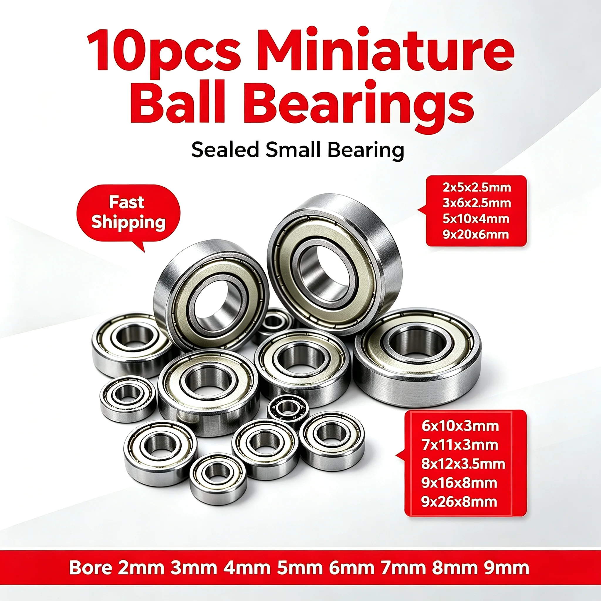 10pcs Miniature Ball Bearings 2x5x2.5 3x6x2.5 5x10x4 6x12x4 9x20x6 Mm Bore 2mm 3mm 4mm 5mm 6mm 7mm 8mm 9mm Sealed Small Bearing