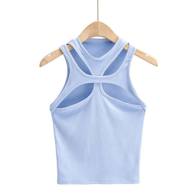 Girls New Asymmetrical Hollow Solid Color Knitted Round Neck Short-sleeved Summer Sexy Vest on The Chest
