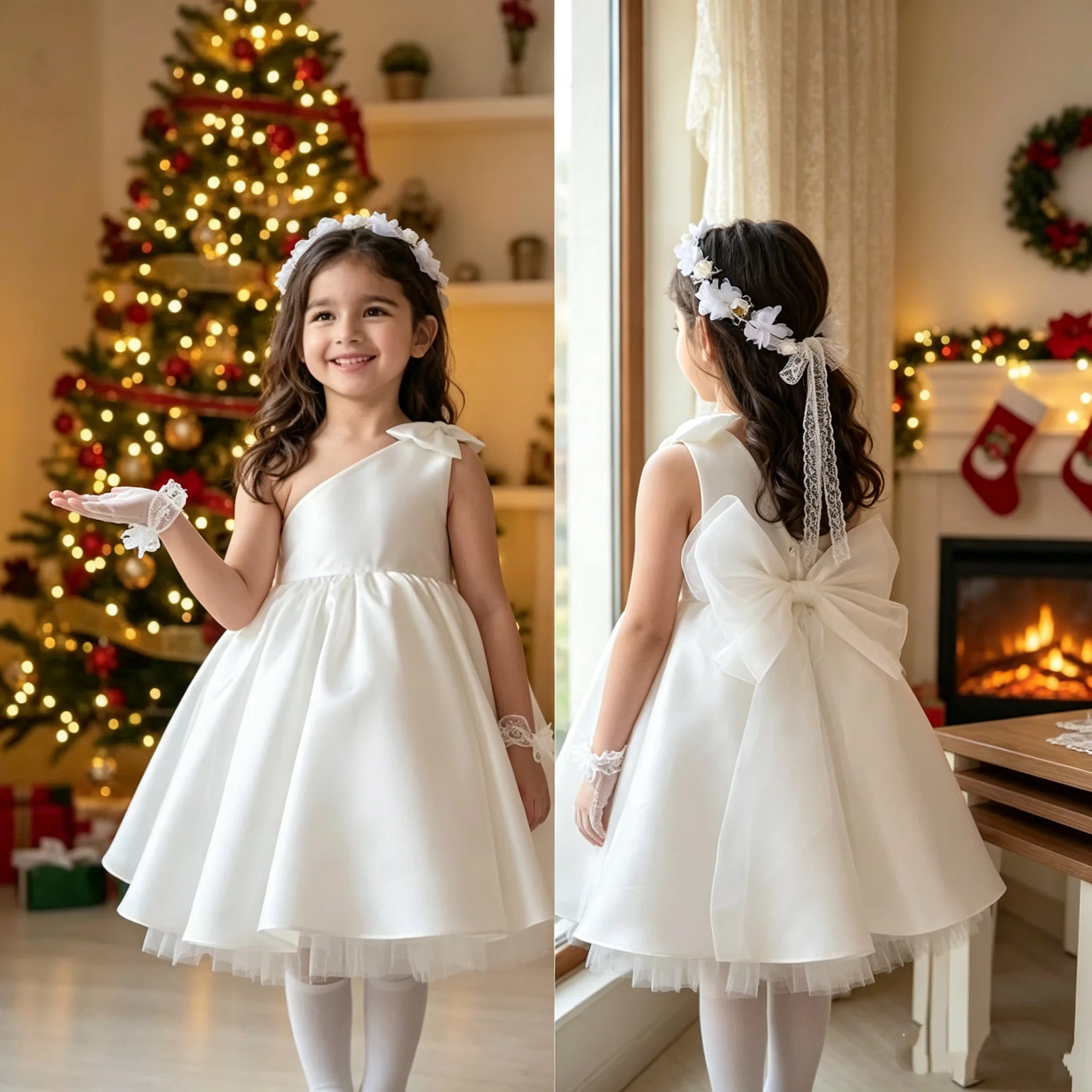 Girls Occasion Dress White One Shoulder A-LINE Butterfly Condensation Backless Elegant Kids Wedding Birthday Dress