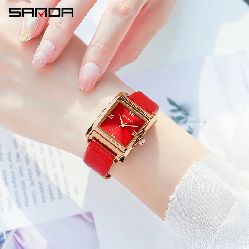 SANDA-ساعات كوارتز مع الاتصال الهاتفي الأحمر للنساء ، حركة اليابان ، ساحة الرومانية ، ساعات المعصم الجلدية للسيدات ، ارتفع الذهب ، موضة جديدة ، 1067