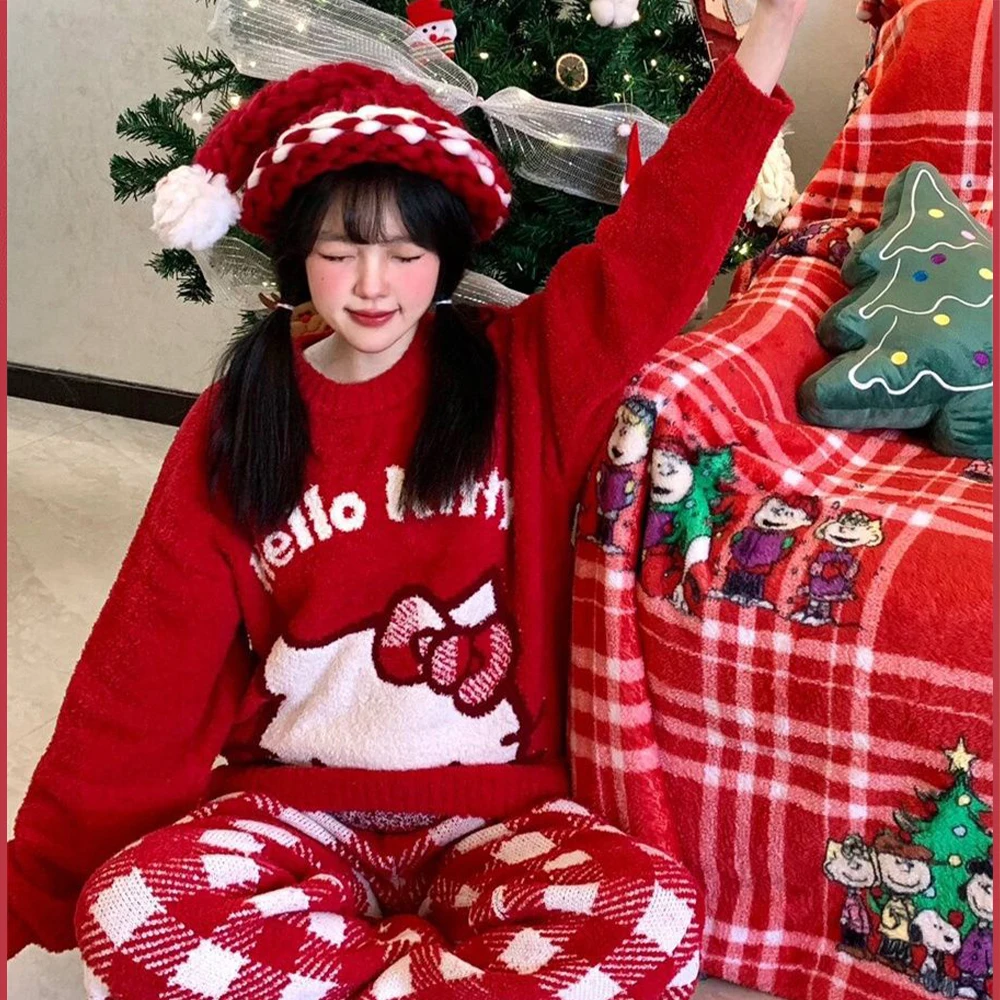 

Kawaii Christmas Knitted Sweater Cartoon Hello Kitty Women Knitting Red New Year Knitted Tops Anime New Cute Girls Student Tops