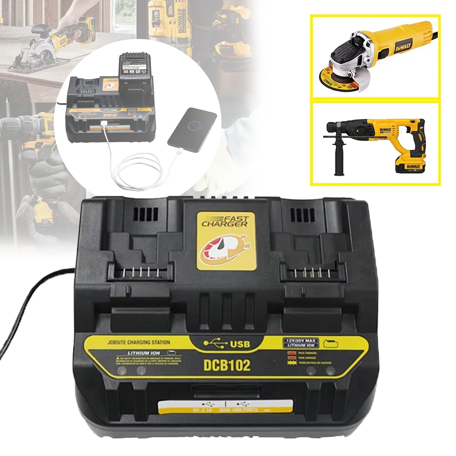 

For Dewalt 10.8V 18V 20V 60V Lithium Battery DCB102 Charger Rapid 2 Slide Port 4A Charging Current USB 2A DCB200 DCB140 NEWEST