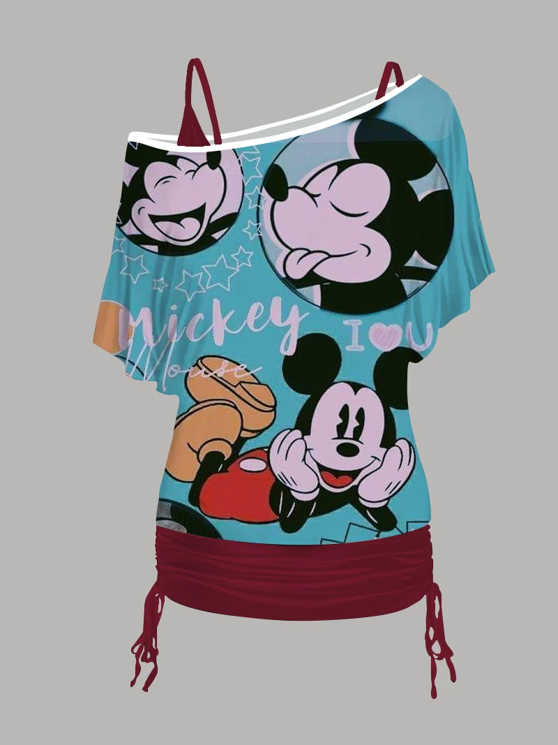 Mickey One Shoulder Sleeve T-shirt Tops Dress Fashion Summer Dresses 2024 Disney Crew Neck Mini Skirt Women's Clothing Set Sexy