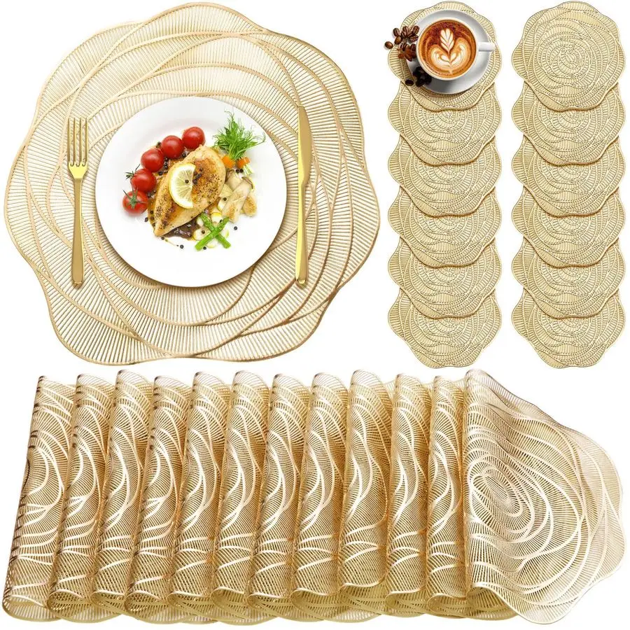 

Набор из 12 круглых виниловых подставок для тарелок диаметром 15 дюймов с вырезанным узором в виде роз, металлические, противоскользящие, включая подставки-подстаканники