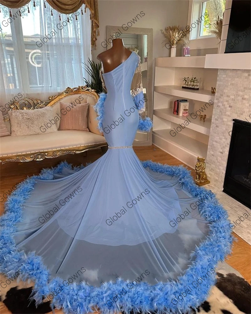 Robe de Soirée en Forme de Sirène pour Femme, Tenue de Bal de Forme Sirène, avec des Perles Argentées, des Diamants, des Plumes, des Paillettes, une Manche, Bleu