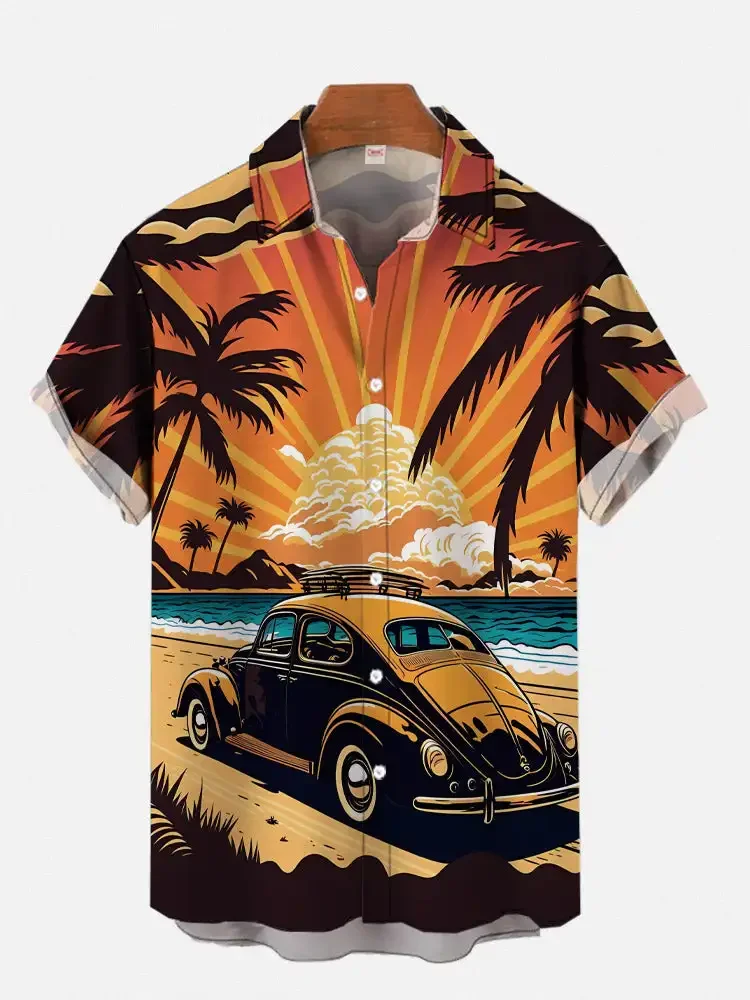 

1970S-1980S Vintage Car Poster Hawaiian Beach Cowgirl Printing Short Sleeve Shirt Fashion Retro Hawaiian Shirt For Men Hrajuku