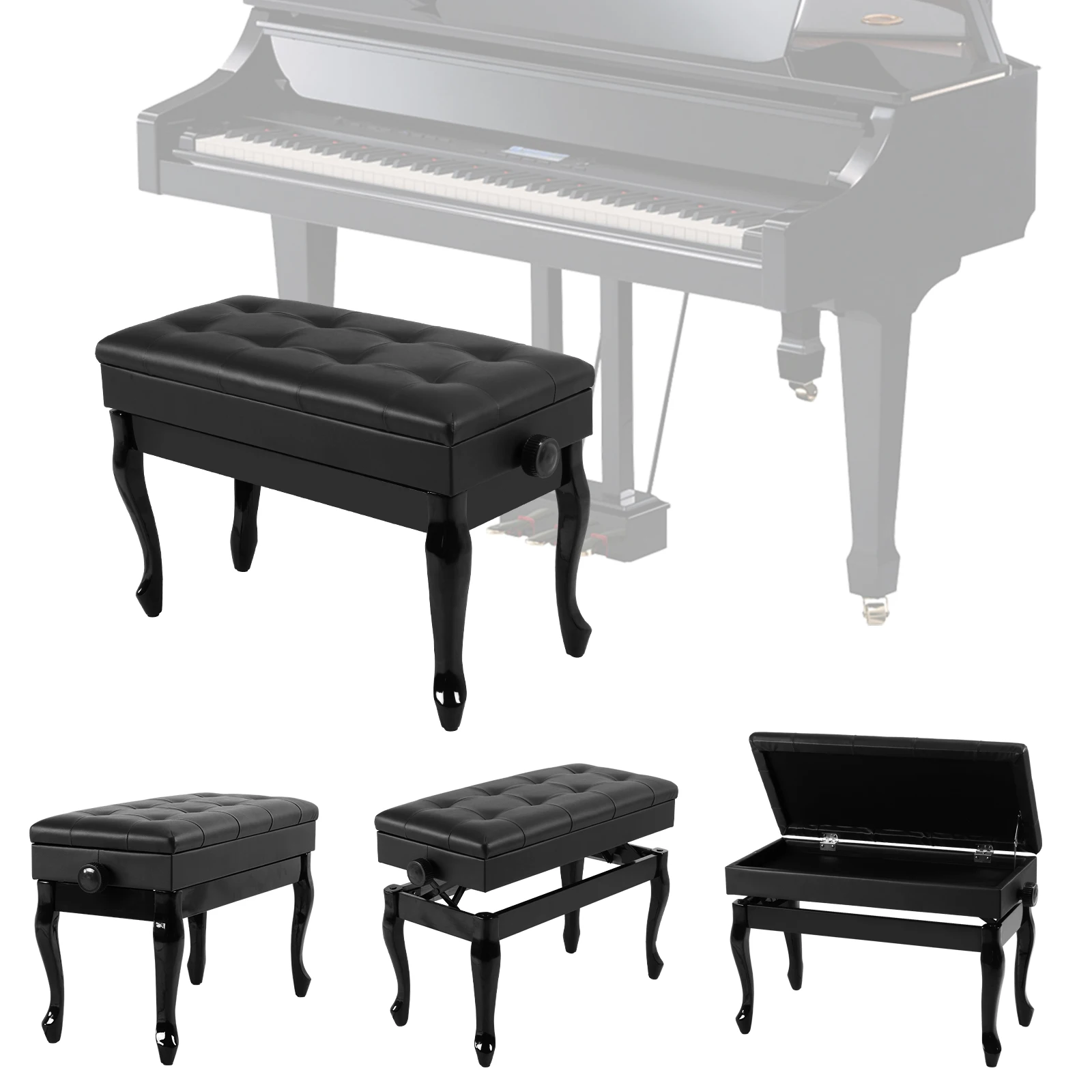 

Height Adjustable Musician Wood Chair with Bookcase Instrument Stool Storage Piano Seat Large Music Playing Soft Cushion Benches
