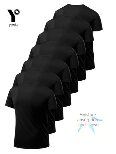 Imagen 2 del producto Camiseta de cuello redondo, camisa negra ultraligera de 7 piezas para hombre, transpirable, de secado rápido, absorbente del sudor, adecuada para gimnasio físico y Ru
