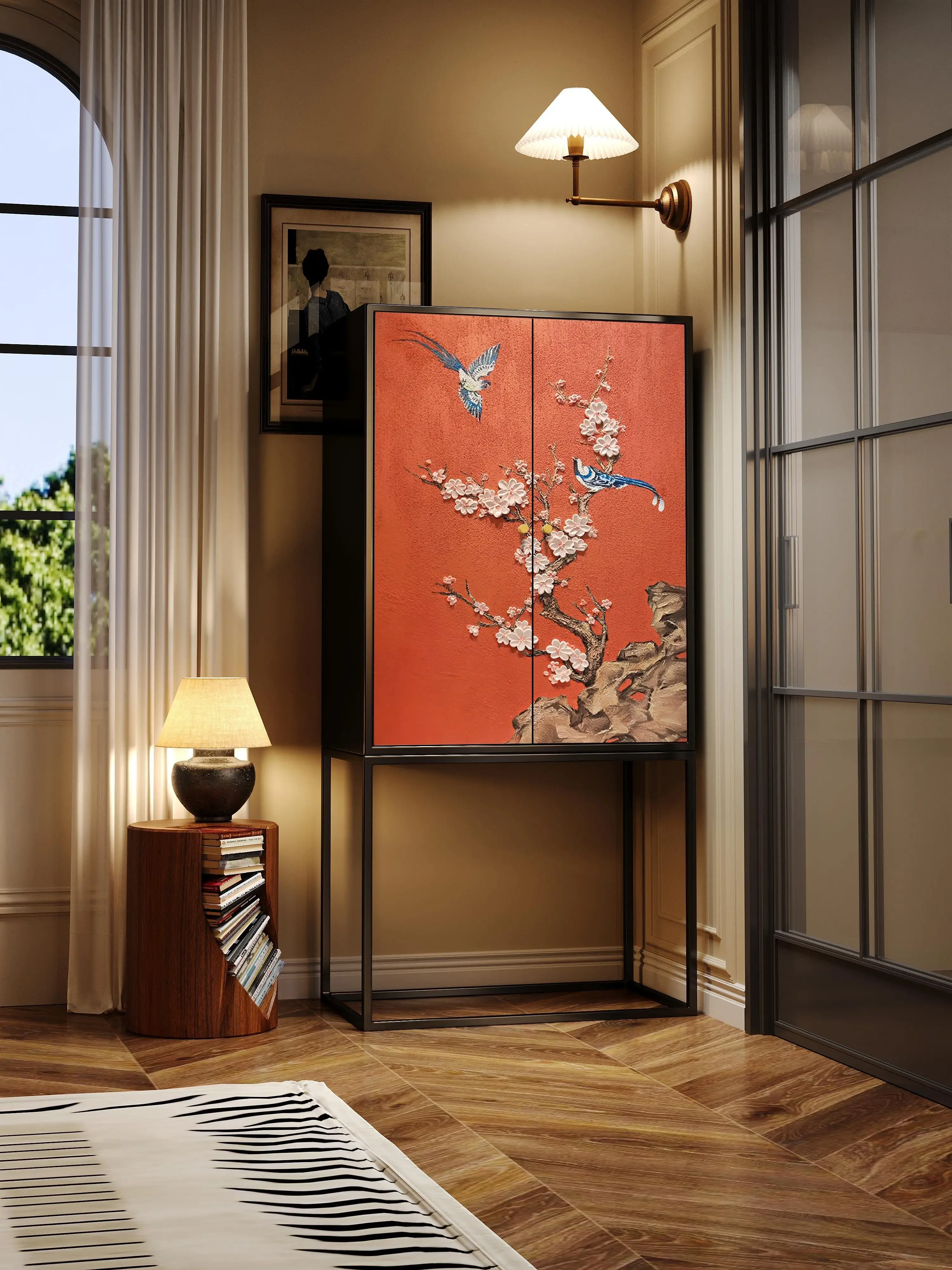 New Chinese style entrance Solid wood tall wine side cabinet Storage wardrobe