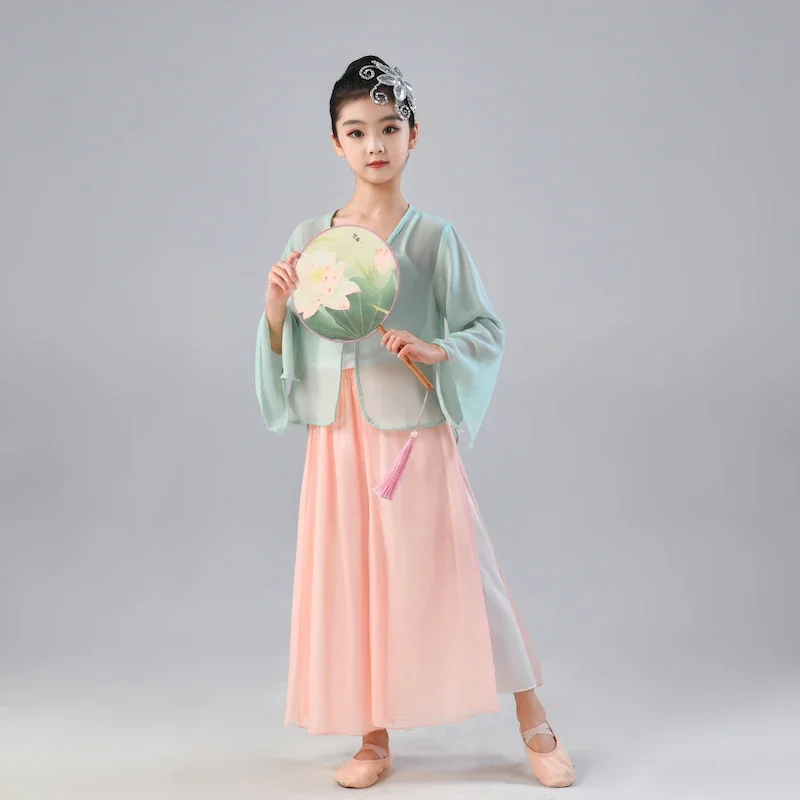 ชุดฝึกเต้นแบบคลาสสิกสำหรับเด็กผู้หญิงชุดเต้นแบบจีนชุดแสดงบนเวทีชุดสำหรับเด็กคุณยายเป็นสะพาน