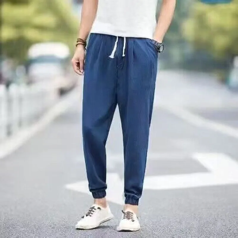 2024 Summer Thin Style Harajuku Men Casual Large Size Loose Foot Binding Cotton Linen Solid Color Ventilation All-match Trousers