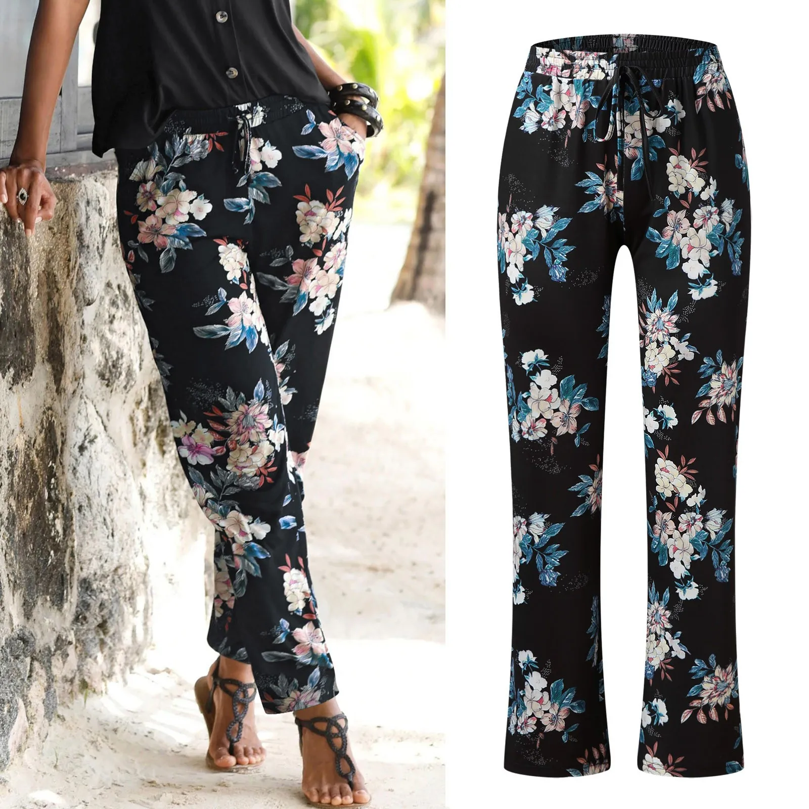 Pantalon de plage imprimé floral bohème pour femme, pantalon de loisirs, taille élastique, mode, poches