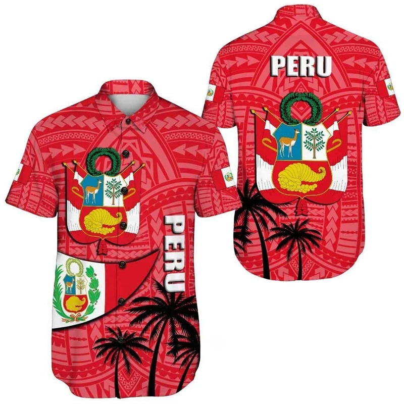Peru Flag Map Graphic Shirts For Men Clothes Casual Hawaii Short Sleeve Shirt Peruvian National Emblem Lapel Blouse Male Tops