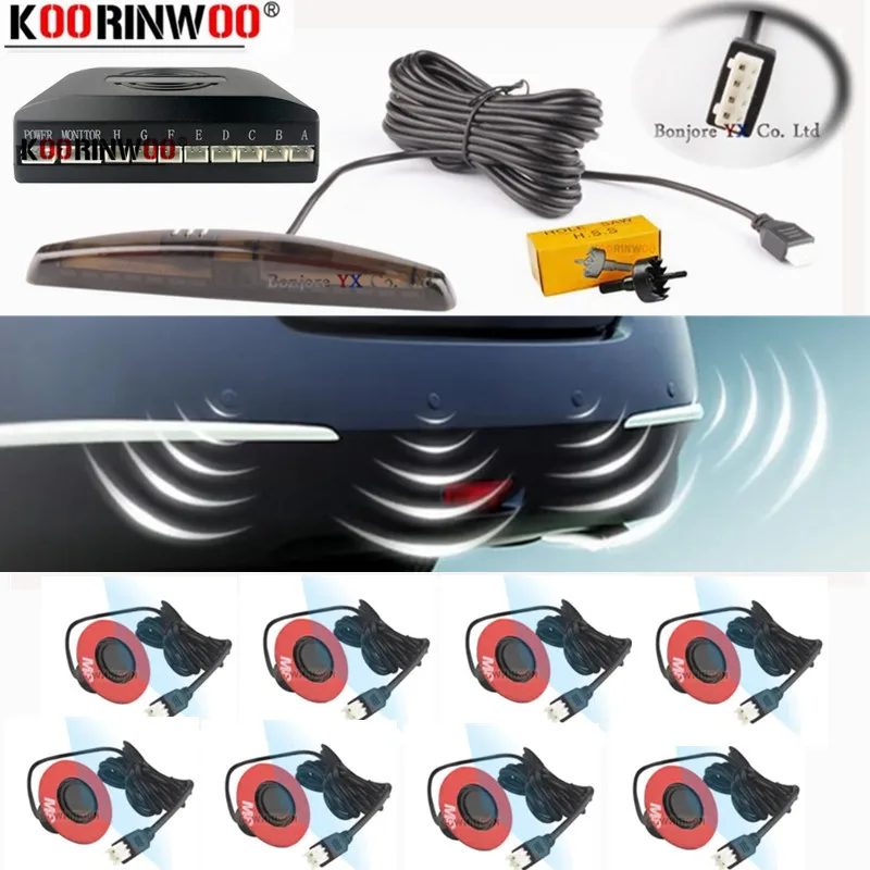 

Koorinwoo Интеллектуальный ЖК-монитор с датчиком парковки автомобиля 8-плоский радар Черно-белая передняя система парковки Обнаружение слепых зон автомобиля