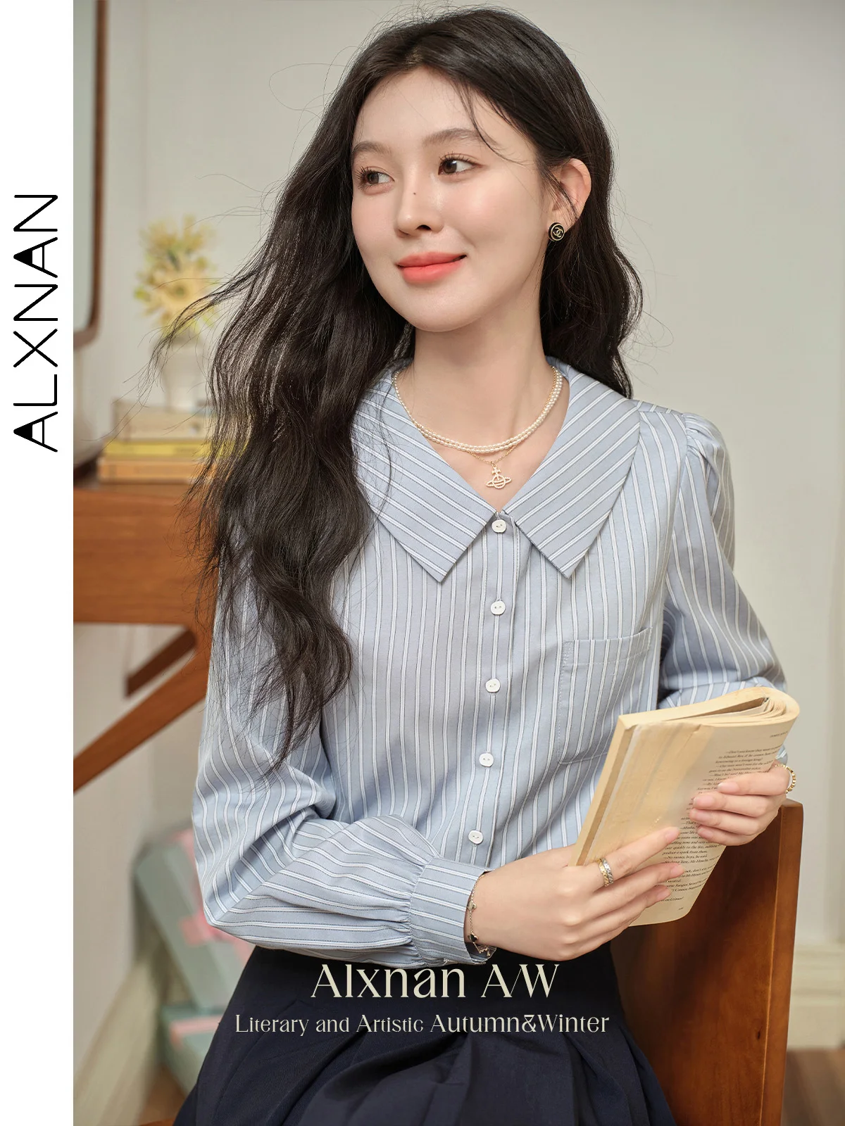 ALXNAN Women's Temperament Striped Shirt Solid Blue Polo Neck Long Sleeve 2024 Female Autumn Winter Casual Loose Shirt L50112