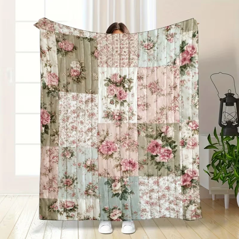 Couverture en flanelle douce à motifs floraux vintage avec des fleurs roses, bleues et beiges pour canapé, lit, voiture, bureau, couverture de camping