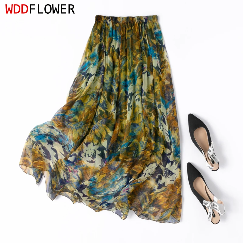 

Women Silk Skirt 100% Mulberry Silk Classics Green Floral Printed Long Type Skirt With Double Lining Summer Beach Big Hem M1161