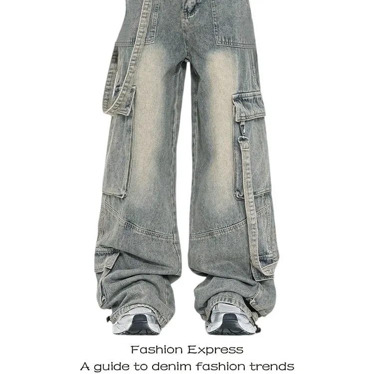 

Retro American Sle Men's Denim Jeans with Saes Worn-look Loose Wide Leg Casual Trousers Multi-ket Workwear