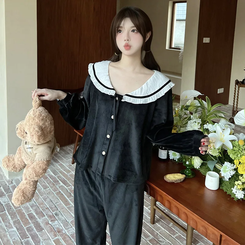 Island Velvet Sleepwear Women's Autumn And Winter New Long Sleeved Cardigan Plus Size Set High-end Solid Color Home Clothing