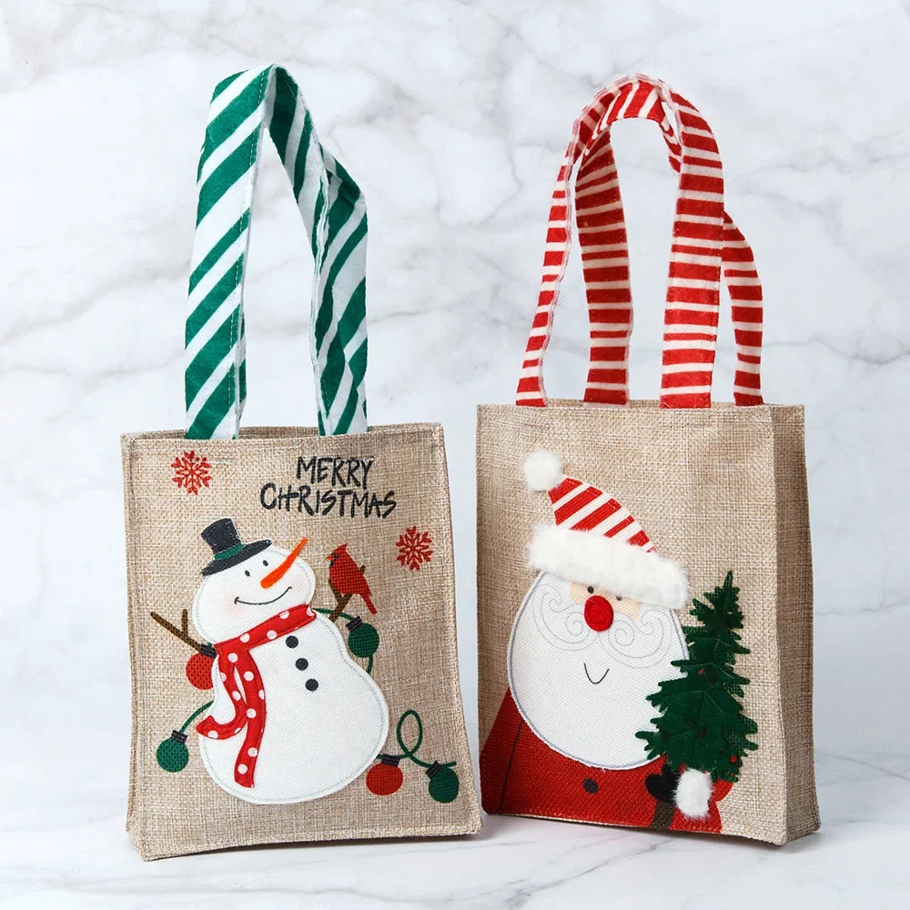 2024 New Christmas Handheld Gift Bag Linen Cloth Cartoon Old Man Snowman Gift Bag Candy Apple Bag