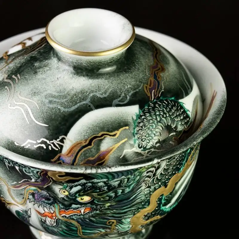 Sacred Mountain Original National Trend Enamel Pastel Paintwork'green Dragon Brings Rain' Tea Set Jingdezhen Handmade Ceramic