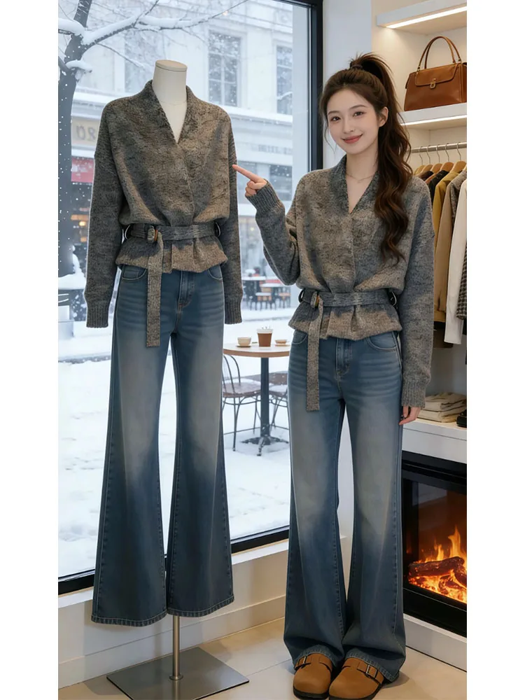 

Ретро-свитер в гонконгском стиле с длинными рукавами, вязаный, женский, с эффектом утяжки талии, повседневный, свободного кроя, комфортный