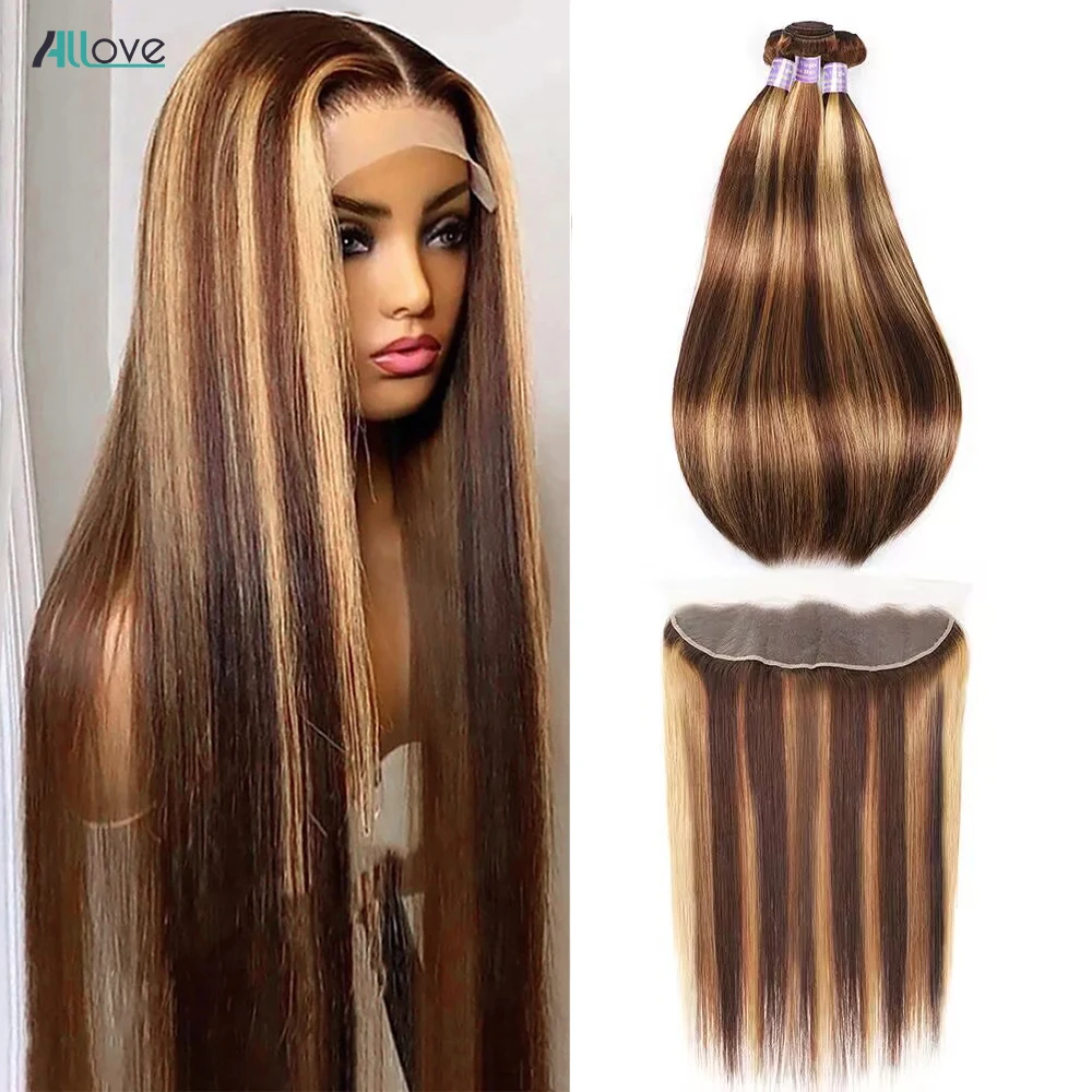 Allove-mechones rectos con malla Frontal de 13x4, extensiones con cierre Remy, color rubio miel, degradado