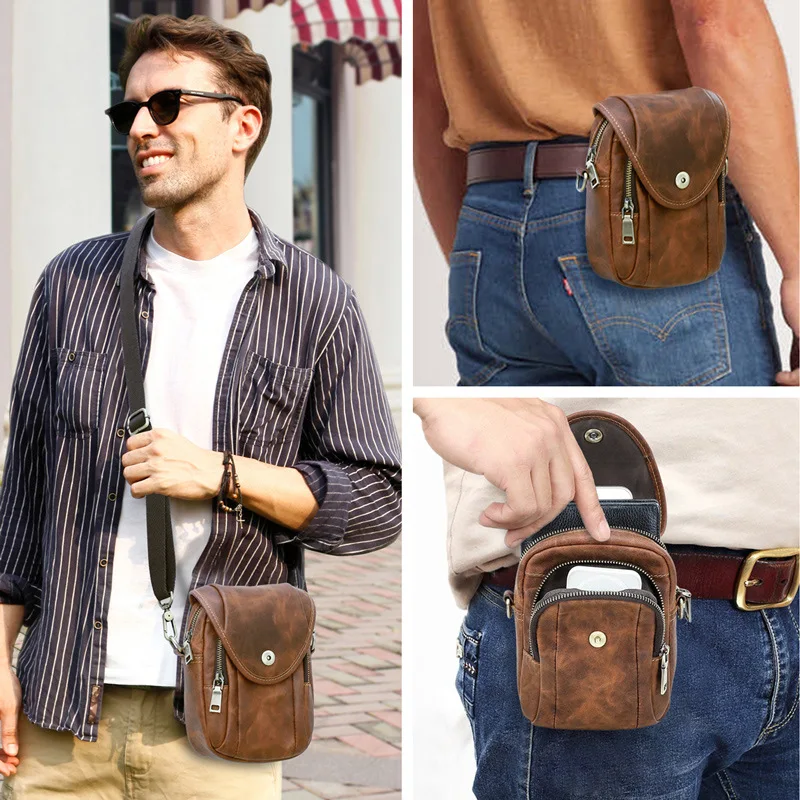 

Мужская кожаная поясная сумка Crazy Horse на 7 дюймов в стиле ретро с ремнем, многофункциональная сумка через плечо из натуральной кожи