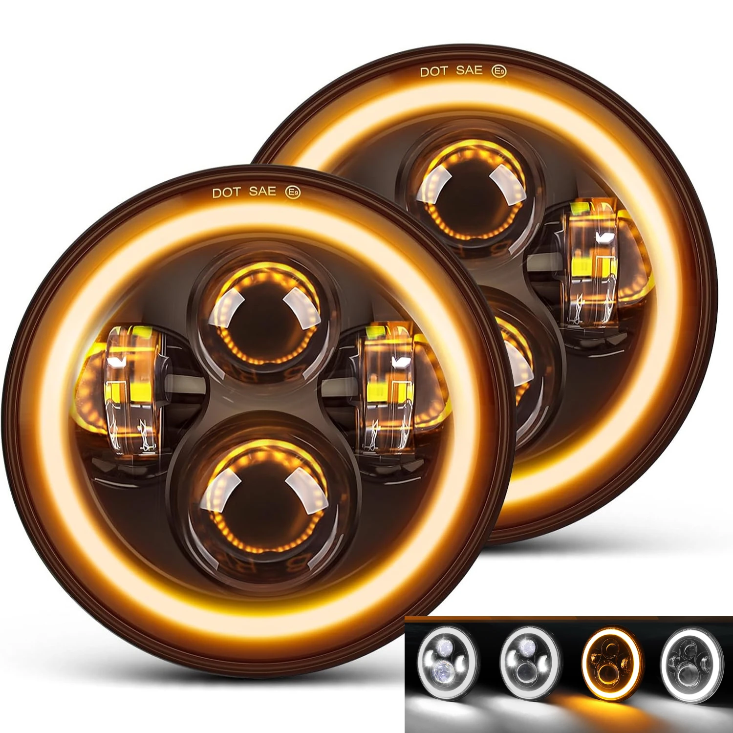 Braveway – phare Led universel pour voiture et moto, 7 pouces, 3500k, ambre, blanc, DRL, yeux d'ange, faisceau haut et bas, pour moto SUV tout-terrain