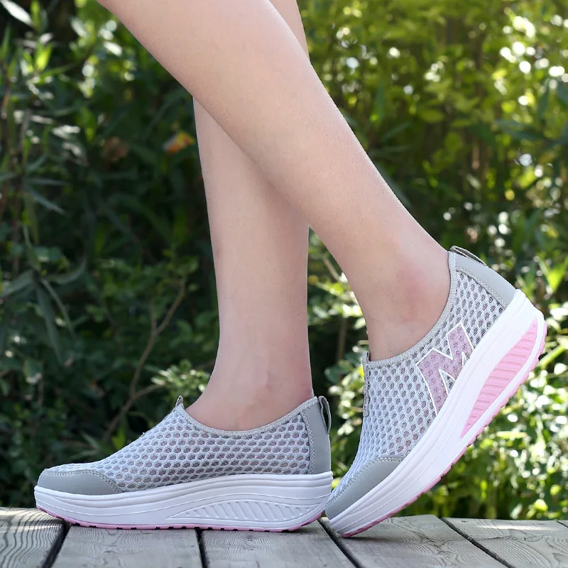 Spring Summer Rocking Shoes Breathable Women Casual Sports Platform Wedge Single Mesh Shoes Comfortable