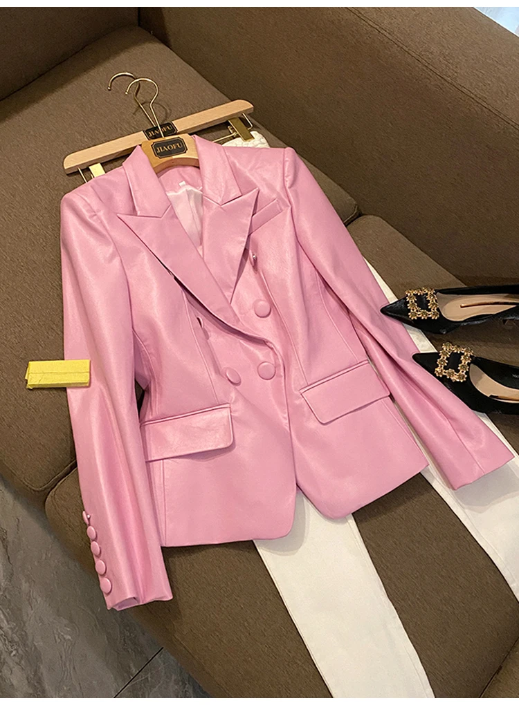 Lautaro Spring Stylish Short Pink Soft Pu Leather Blazer Long Sleeve Slim Fit Luxury Jackets for Women 2022 Elegant Fashion 5xl
