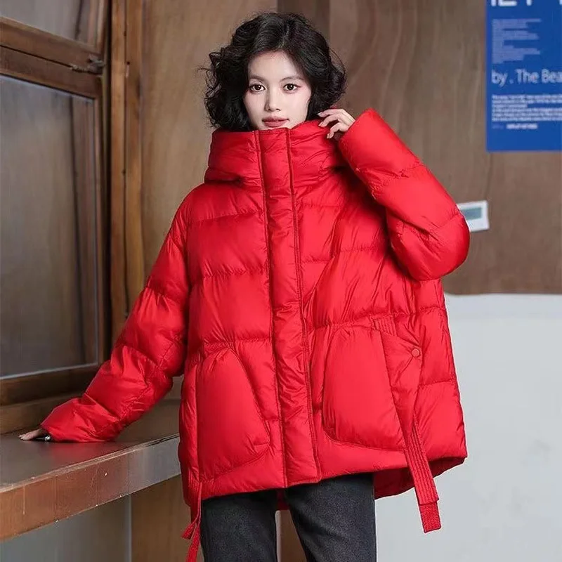 Short Down Jacket for Women, Warm Hooded Coats, Thick and Loose Outerwear, Monochrome, Casual and Fashionable, Winter