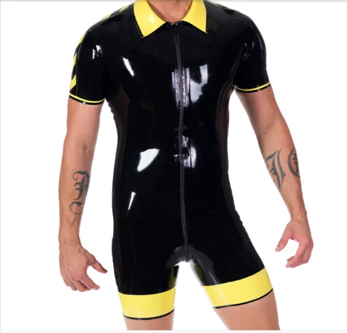 Latex Rubber Gummi Kostüm Ganzanzug  lapel sports uniform Catsuit 0.4MM S-XXL