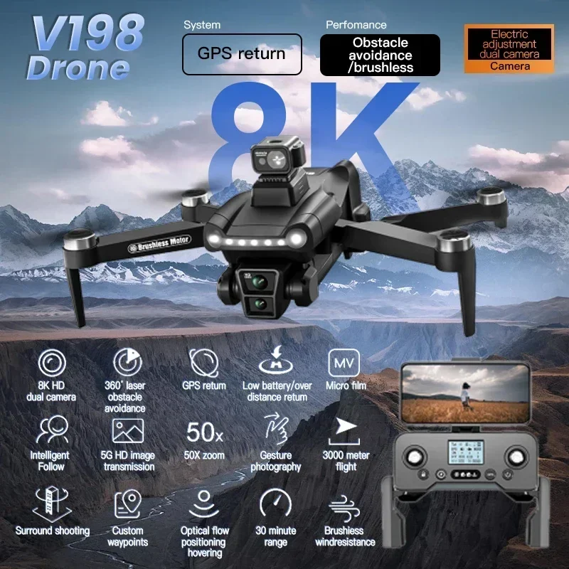 Dla Xiaomi V198GPS Drone ESC 8K profesjonalny bezszczotkowy laserowy unikanie przeszkód antena optyczna składany Quadcopter Mini Dron nowość