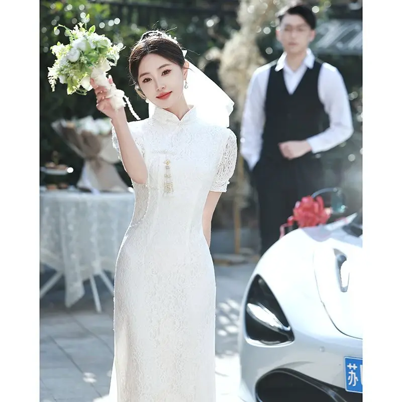 

Yourqipao White Lace Cheongsam New 2023 Chinese Traditional Dresses Small White Bridal Engagement Dresses Wedding Toast Gowns