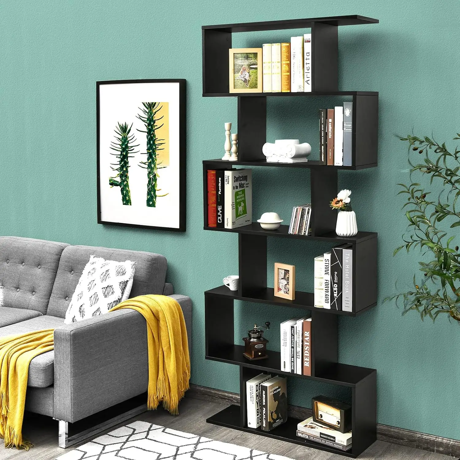 6단 S자형 나무 책장, 31.5'L x 9'W x 75'H, 넘어짐 방지, 룸 디바이더 디스플레이 선반