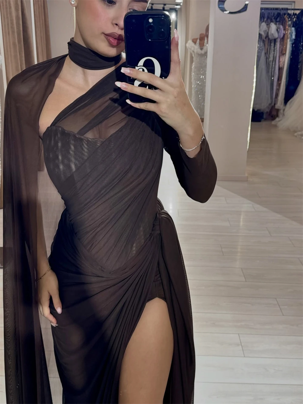 Contessa Customized Sexy One Shoulder Evening Dress Chiffon Shawl Draped High Slit Robes De Soirée Sheath Formal Evening Gowns