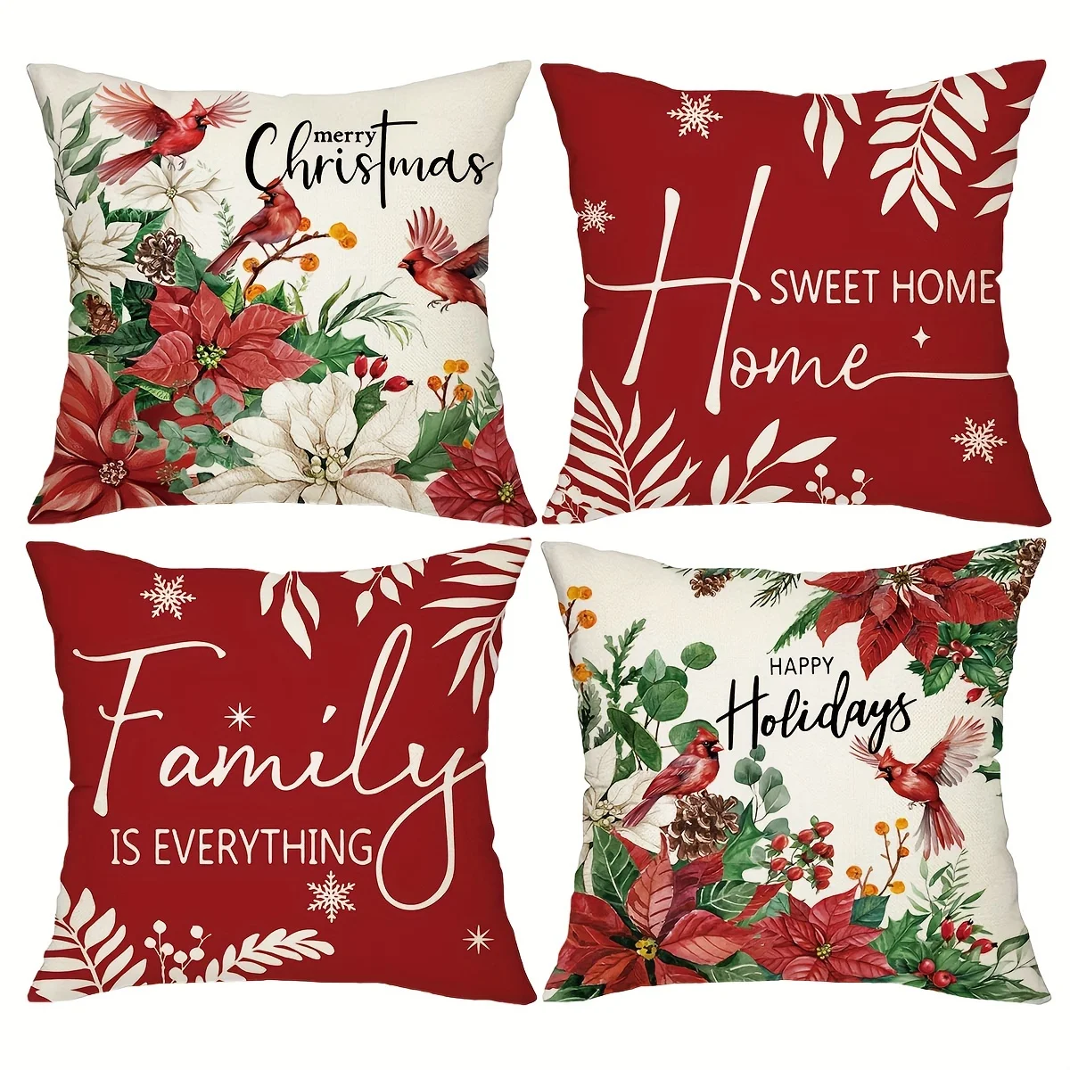 4pcs, Christmas Throw Pillow Covers, Xmas Cardinal Dahlia Print Cushion Covers, 18x18in, Winter Holiday Farmhouse Home