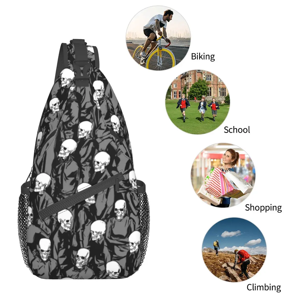 Schedel Society Halloween Kleine Sling Bag Borst Crossbody Schouder Rugzak Outdoor Sport Daypacks Zombies Gedrukt Bag