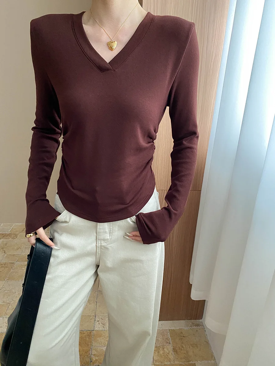 

Women's casual solid color plus plush thick basic simple V-neck long sleeved base T-shirt