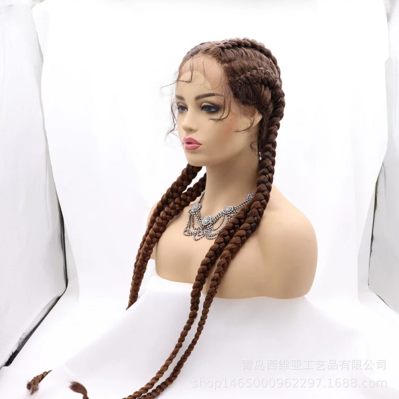 

Hand-woven lace synthetic fiber wig with bangs and four braids