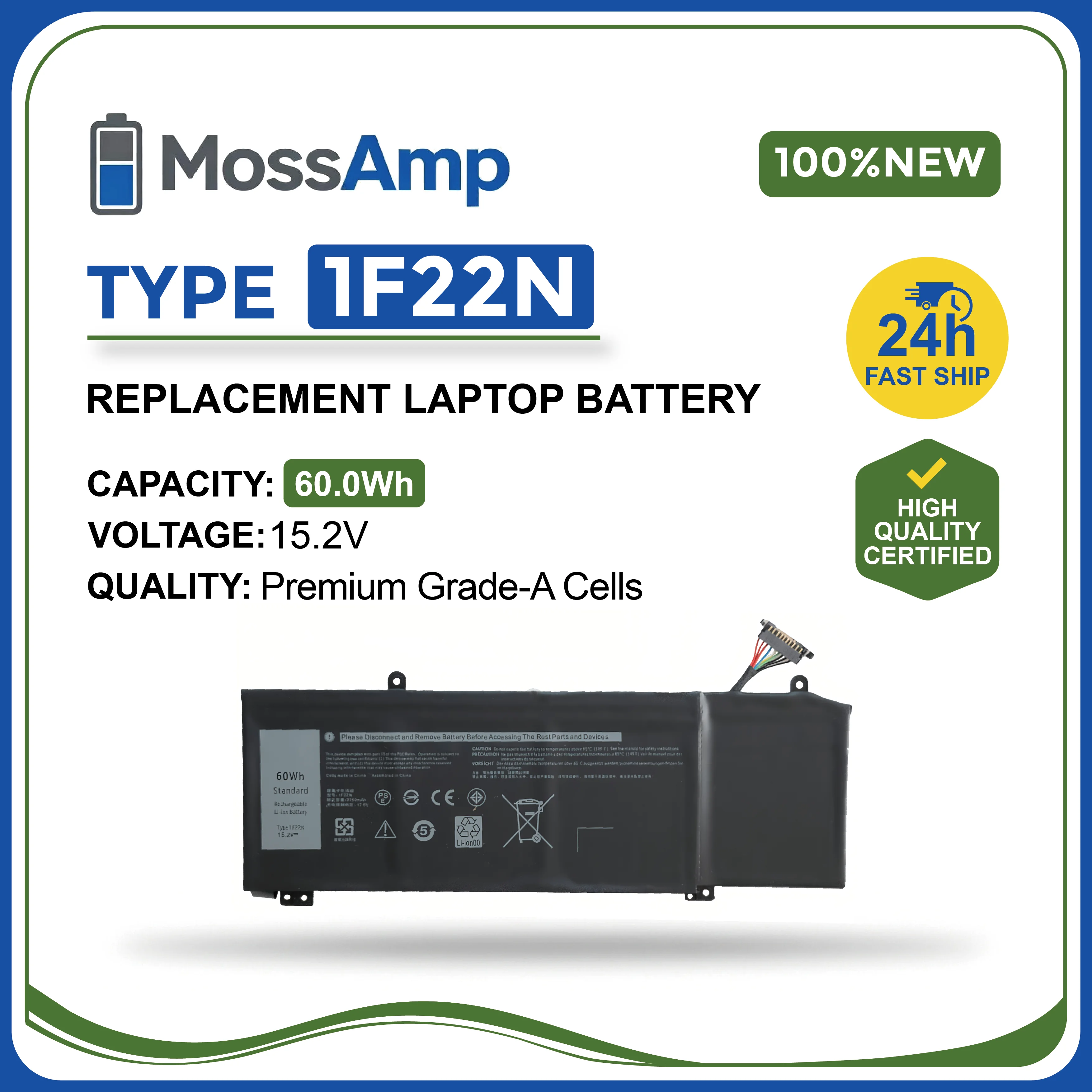 MossAmp 15.2V 68WH 1F22N Laptop Battery for Alienware G5 G7 M15 M17 5590 7590 7790 P79F P37E JJPFK HYWXJ XRGXX 8622M P37E001