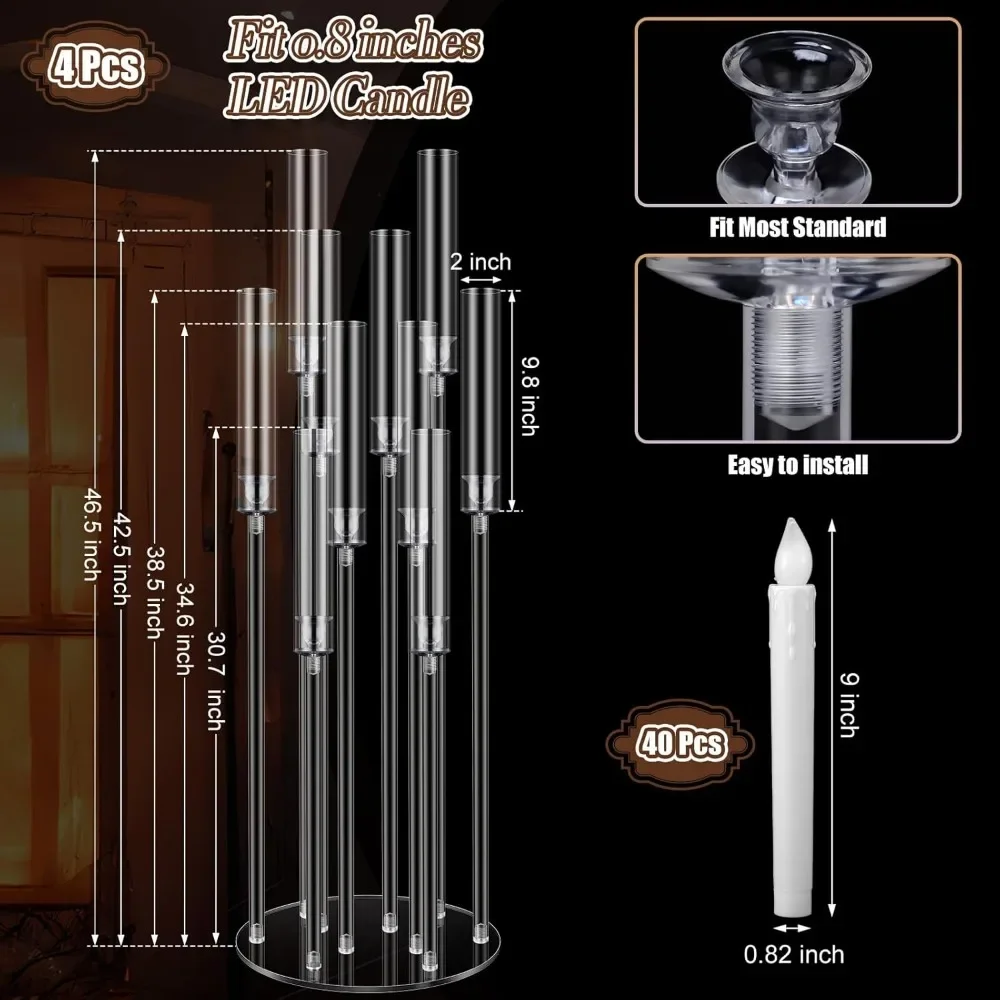 Clear Acrylic Floor Candelabra, Wedding Candle Holder, Centerpieces with 40 LED Candles, 10 Arms, 46.5 '', 4 Pcs