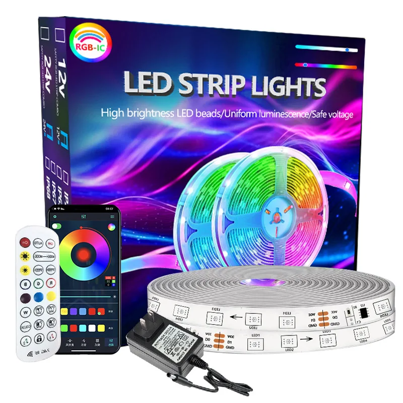 屋外防水RGBIC LEDストリップライトDC24V 10M 15M 20M 30M 40M スマートアプリ制御LEDリボンテープ デッキ ガーデン プール用