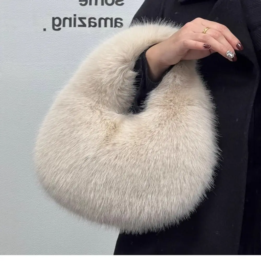 Luxury Soft Plush Half Moon Bag Fluffy Party Clutch Bag Lady Handbags Female Winter Purse Faux Fur Casual Tote Bag