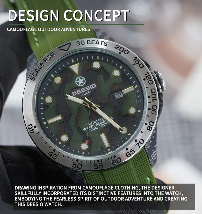 Dessio Men's Automatic Mechanical Watch | Upgrade Carbon Fiber Case Sturdy & Durable About 80g | 30M Waterproof | Luminous Dial | Date & Day Display | Trendy & Elegant Design for Business/Casual/Outdoor | Silicone Green Watch Strap | Lightweight & Sport |