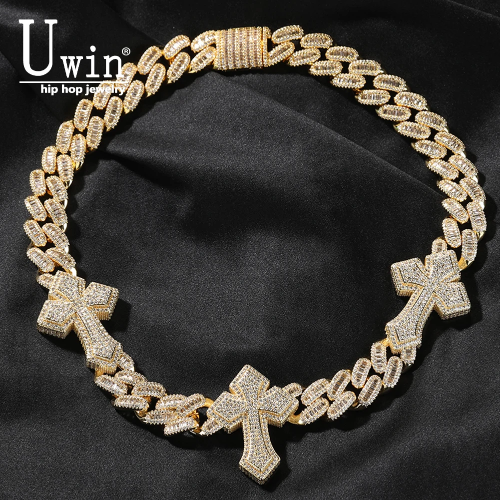 

UWIN 15mm Cuban Chain With 3 Cross Necklace Full Iced Out CZ Link Cubic Zircon Fashion Luxurious Choker HipHop Jewelry