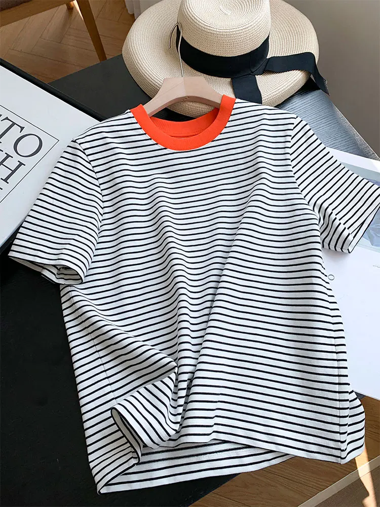 CNlalaxury 2023 Summer Fashion New Women Round Neck Color Clash Striped T-shirt Simple Casual Versatile Female Tops Chic Tees