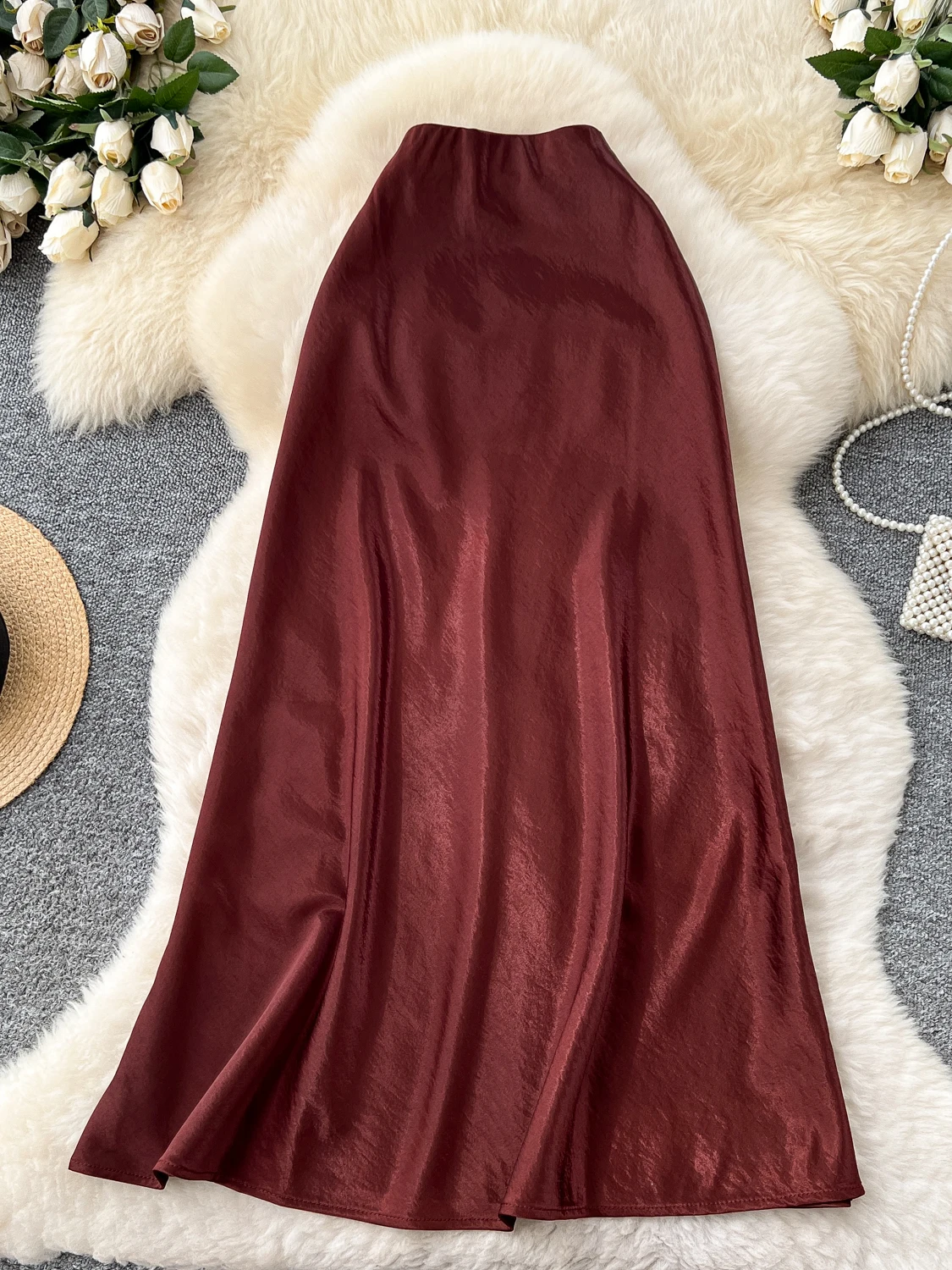 

Ele High Waist Silk Satin A-Line Skirt Women's Autumn Slimming Drapey Ladylike Sle Ci Commute Friendly Skirt